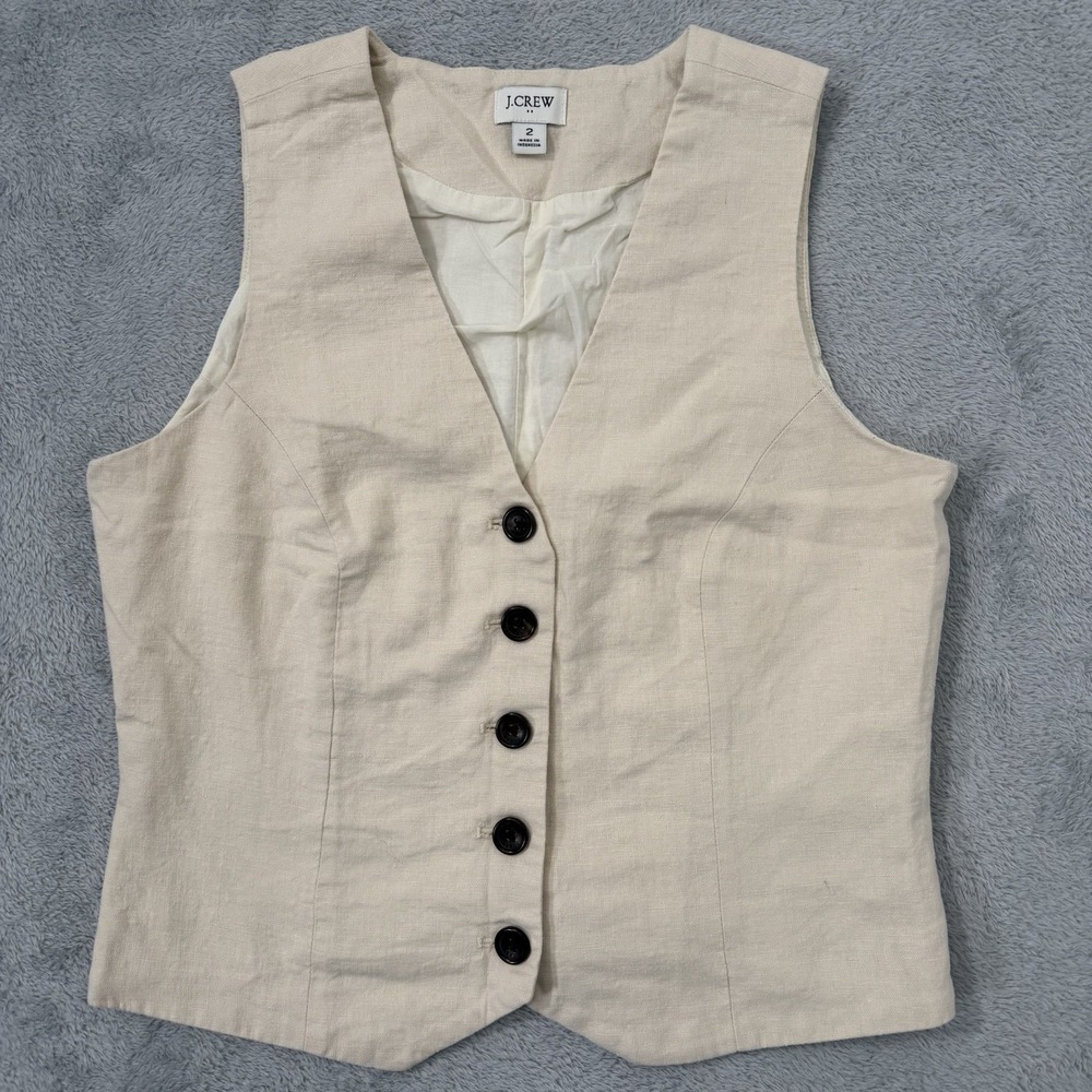 J.Crew Button Front Linen Blend Vest Womens 2 Beige Coastal Preppy Minimalist - Picture 1 of 7